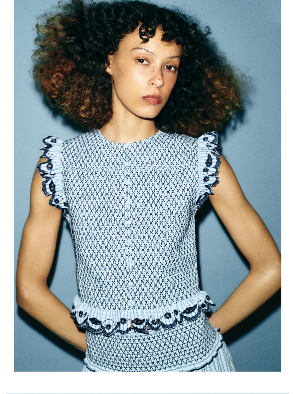 🌎 Zara Light Blue Smocked Ruffle Sleeve Knit Top - Women's